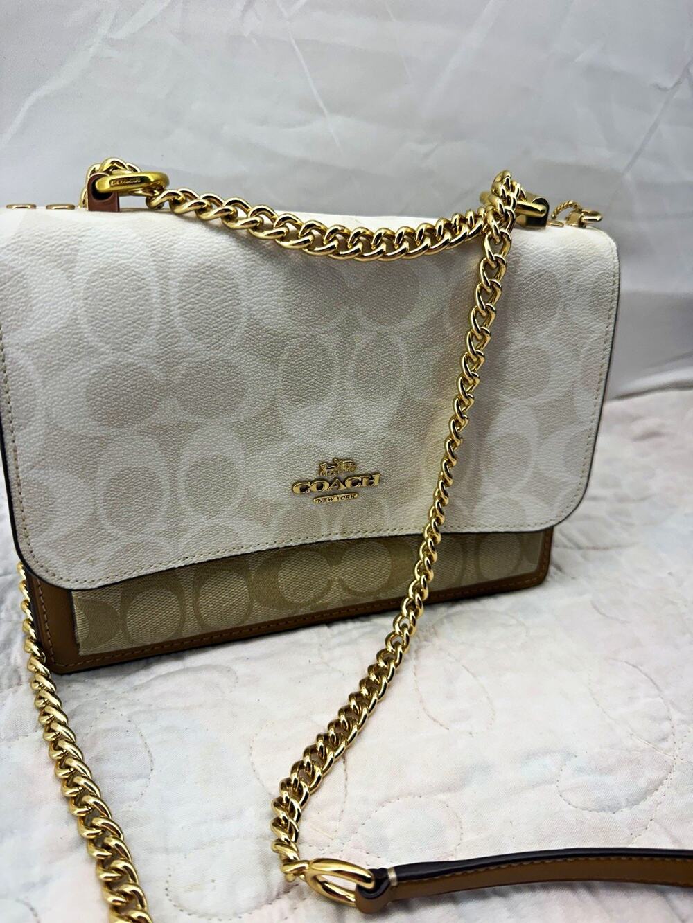 Coach Signature Monogram Colorblock Flap Crossbody Bag Gold Chain Strap
